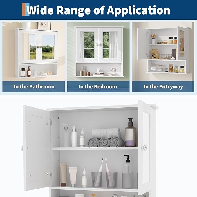 Bathroom Wall Cabinet with Mirrored Doors – Slim Medicine Cabinet with Adjustable Shelf – 2.2x23x5.1 Inch Compact Wall Cabinet for Bathroom, Kitchen, Laundry Room, Entryway