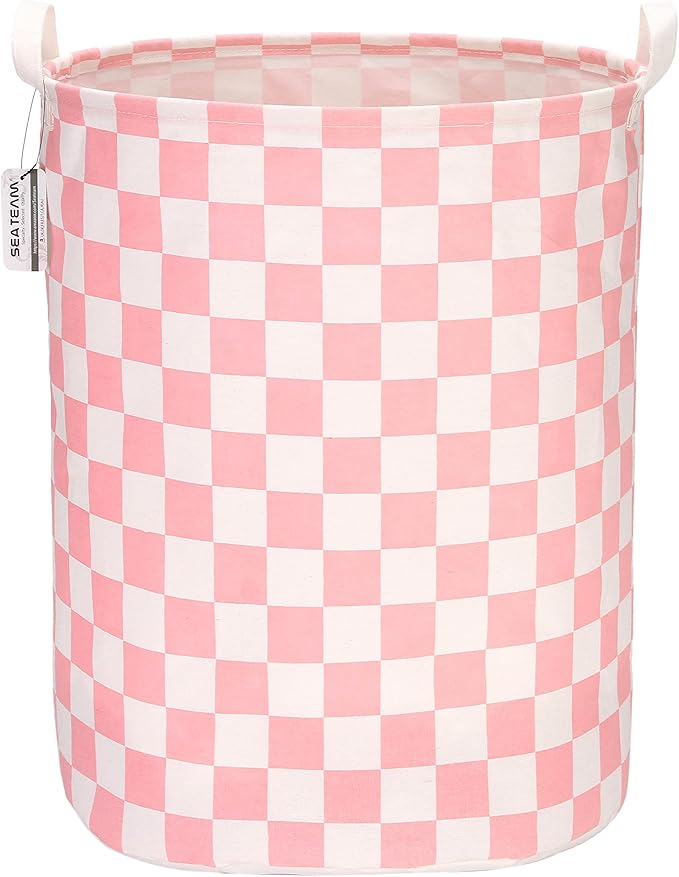 Sea Team 19.7 Inches Large Sized Waterproof Coating Ramie Cotton Fabric Folding Laundry Hamper Bucket Cylindric Burlap Canvas Storage Basket with Stylish Grid Pink Design