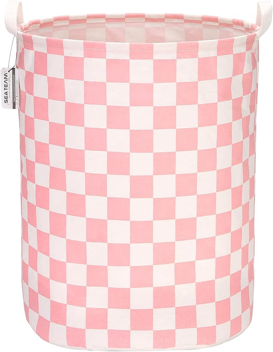 Sea Team 19.7 Inches Large Sized Waterproof Coating Ramie Cotton Fabric Folding Laundry Hamper Bucket Cylindric Burlap Canvas Storage Basket with Stylish Grid Pink Design