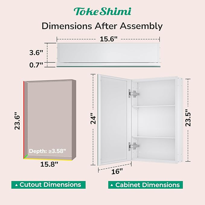TokeShimi 16x24 Bathroom Medicine Cabinet with Mirror Tempered, Aluminum White Mirrored Medicine Cabinet Recessed or Surface Mount with Adjustable Storage Metal for Modern Farmhouse