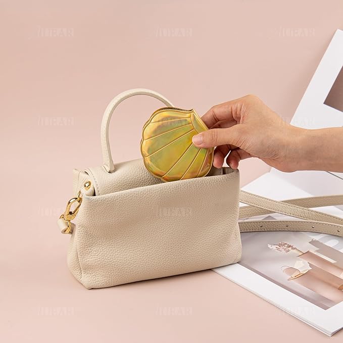 AUEAR, 4 Pack Glitter Shell Mirror Double-Sided Magnification Makeup Mirrors 4 Colors Mini Portable Foldable for Purse Handbag Pocket