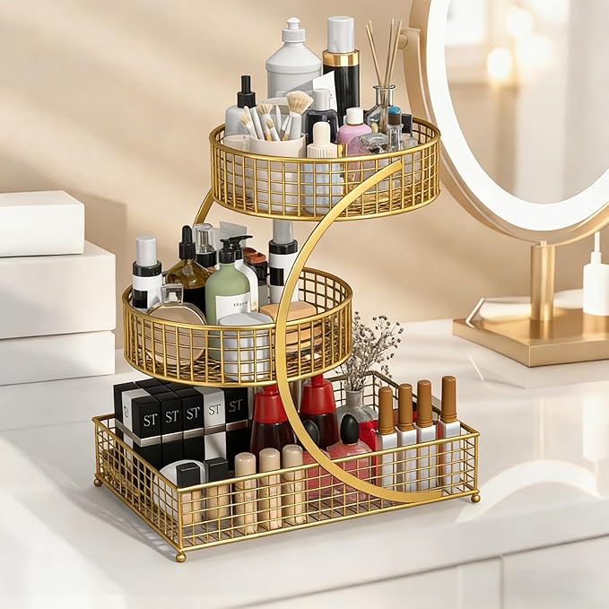 Makeup Organizer Countertop for Vanity, 3 Tier Metal Bathroom Countertop Organizers Skincare Storage Holder Perfume Cosmetic Display, Multi-Use Storage Rack for Bedroom & Kitchen (Black(Round))