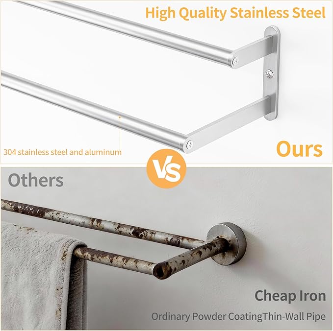 Double Towel Bar, 24Inch Towel Rack for Bathroom Wall Mounted, Stainless Steel Double Bath Towel Bar, Wall Towel Holder for Bathroom, Double Towel Rod Towel Hanger for Wall (Brushed Nickel)