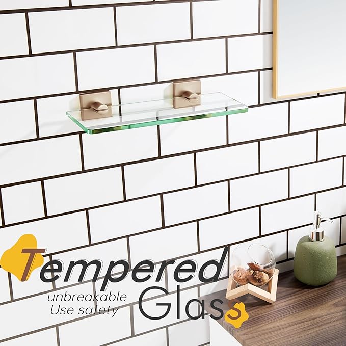 KOKOSIRI Glass Shelf Bathroom Hardware Kitchen Rack 12-Inch Floating Wall Shelves for Living Room, Shower Storage Champagne Bronze Steel B1107CPG-L12