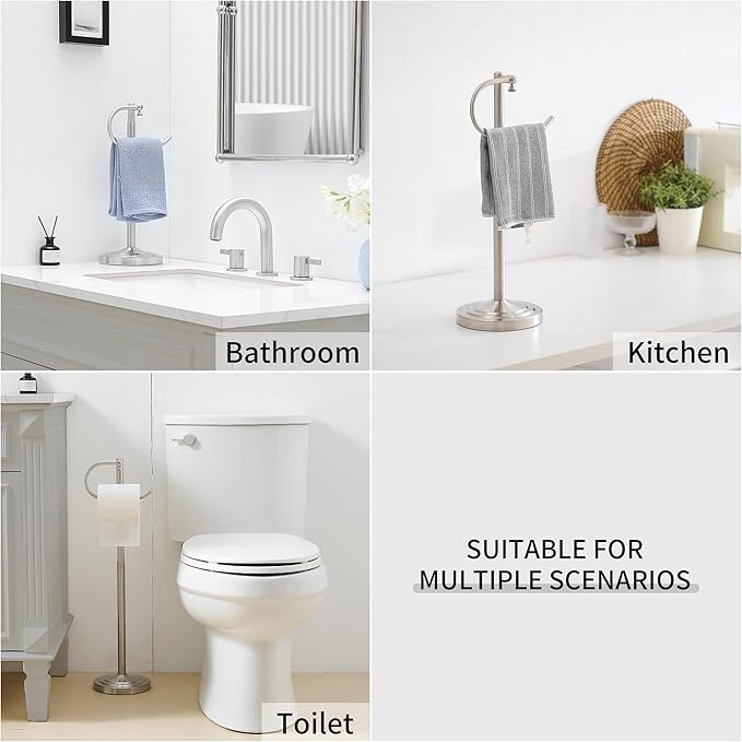 Hand Towel Holder Stand for Bathroom Countertop, Standing Towel Rack with Non-Slip Base, Stainless Steel Adjustable Towel Bar 16.5-26 Inch for Kitchen Vanity (Brushed Nickel)