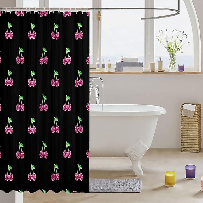 Feelyou Girls Cherry Bath Curtain Pink Glitter Fruit Shower Curtain Baby Girl Black Pink Kawaii Decor Bathroom Curtain Set Polyester Toddler Lovely Sweet Waterproof Shower Curtains 72"x72"