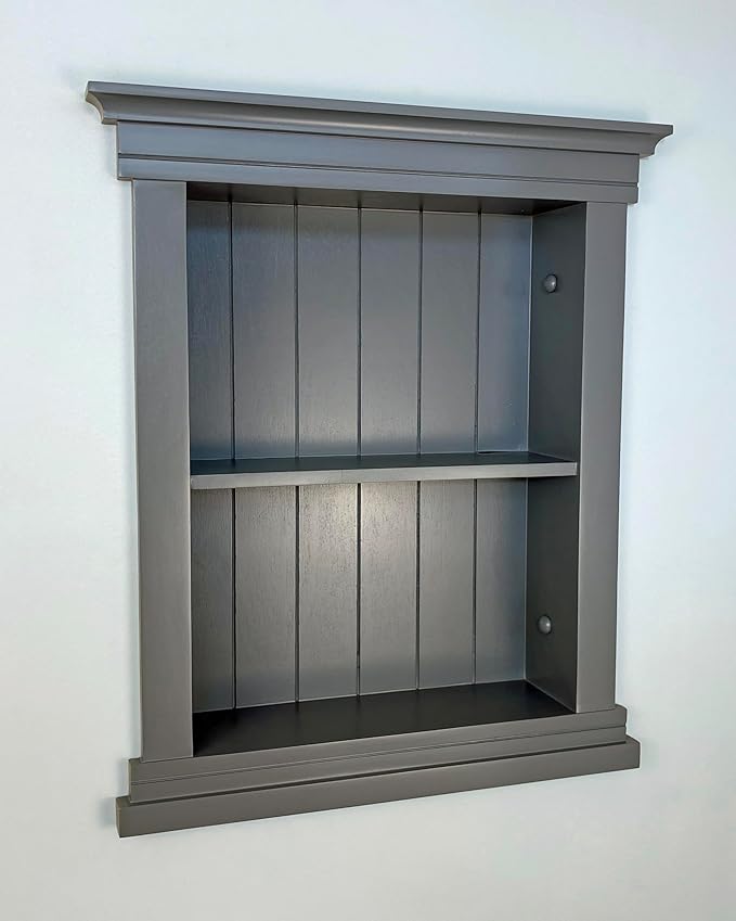 Fox Hollow Furnishings 14x18 Elliot Craftsman Recessed Wood Wall Niche, Open Medicine Cabinet Replacement, in Wall Bathroom Cabinet Insert Shelves, Made in North America, NO MDF, Beadboard, Dark Gray