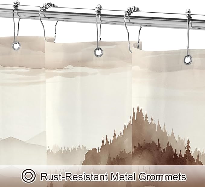 Brown Extra Long Misty Pine Forest Shower Curtain 72 x 84, XL Tan Mountain Foggy Woodland Scenery Tree Shower Curtains for Bathroom, Abstract Waterproof Nature-Themed Decor