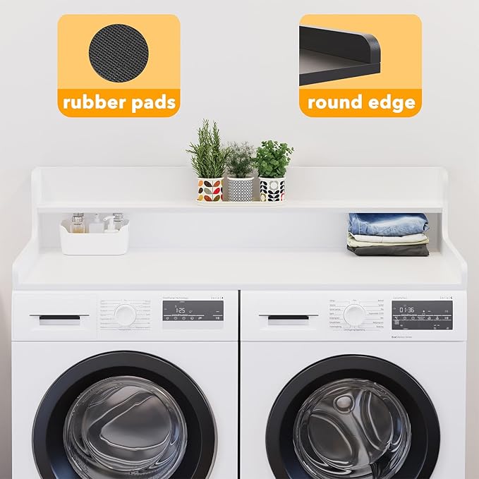 SpaceAid Washer Dryer Countertop with 2-Tier Shelf, Wood Topper with Edge, 54" Width x 27.5" Depth Cover Organizer Guard for Washer and Dryer Counter Laundry Hamper Storage (White)