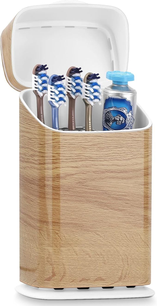 GFWARE Toothbrush Holders with Cover - 5 Slots Toothbrush and Toothpaste Holde Kids Tooth Brush Holder for Bathroom, Detachable Bathroom Sink Organizer countertop, Wood