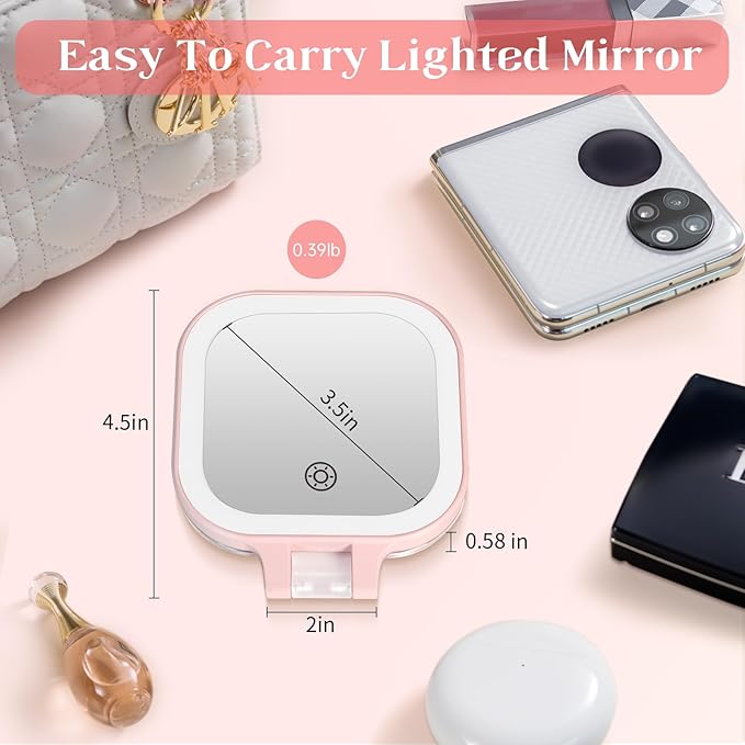 FASCINATE Compact Travel Makeup Mirror with Lights and Magnification, 3.5 inch Portable 1X/30X Magnifying Mirror with 3 Color Light, Folding, Handheld (Pink)