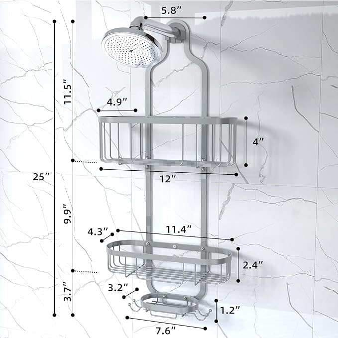 Kadolina Bathroom Hanging Shower Organizer, Over Head Shower Caddy Shower Storage Rack Basket with Hooks for Razor and Sponge Rustproof, Silver [Patented]