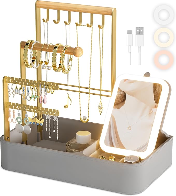 Vanity Mirror with Lights & 4 Tiers Jewelry Holder Organizer, Jewelry Display Stand for Bracelet, Necklace, Earrings, Rings, 1000mAh 3-Color Lighting Makeup Mirror, Light Gray