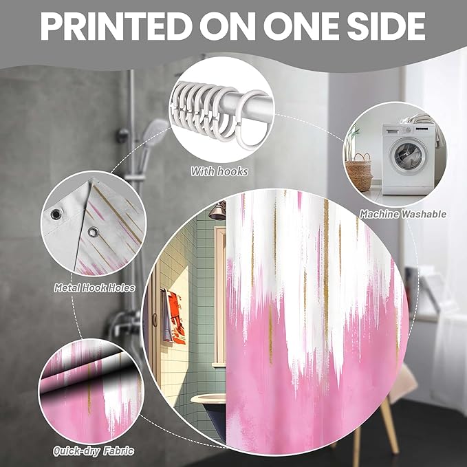 NBVKO 4PCS Pink Oil Painting Style Shower Curtain Set with Non-Slip Rugs,Toilet Lid Cover and Bath Mat,Bathroom Decor Accessory Set