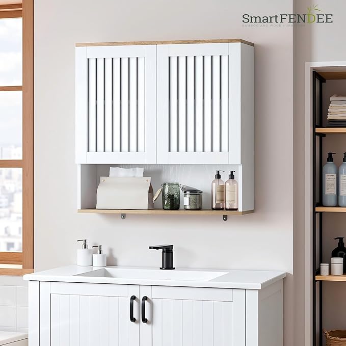 Smart FENDEE Bathroom Cabinet with Louvered Door, White Wall Mounted Cabinet with Adjustable Shelf for Bathroom, Laundry Room, Above Toilet Organizer