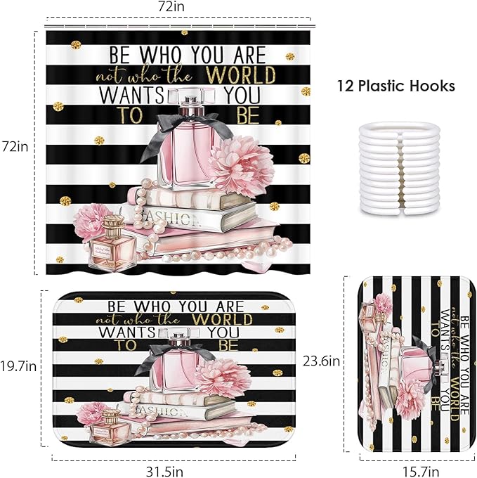 ArtSocket Woman Girl Inspirational Quotes Bathroom Set with Shower Curtain and Bath Rugs and Accessories,Pink Fashion Floral Non-Slip Shower Curtain Set,Bathroom Decor 3 Pcs