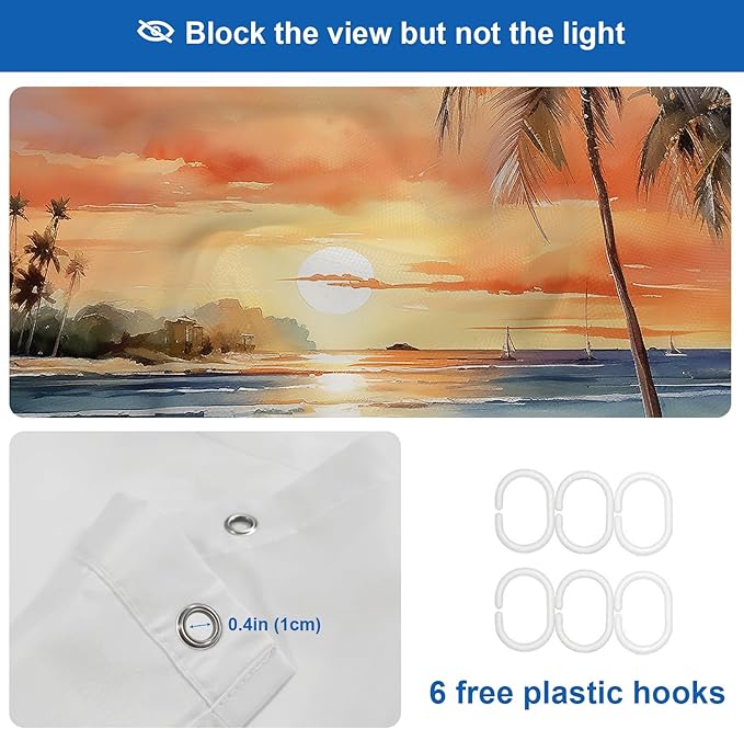 Shrahala Summer Sunset Beach Decorative Shower Curtain, Tropical Seaside Scene Bathroom Décor Polyester Fiber Waterproof with Plastic Rings for Shower Stall Bathtubs 72 X 36 in