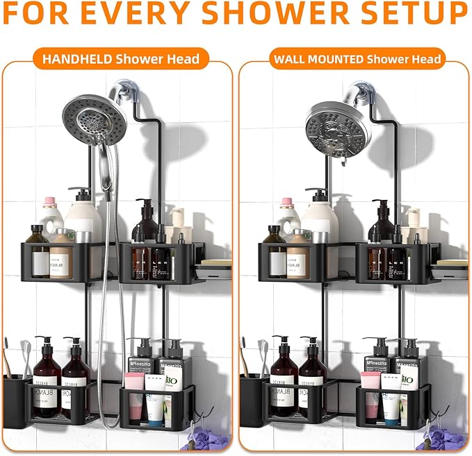 Epicano Hanging Shower Caddy for Handheld Showerheads, Anti-Swing Overhead ShowerCaddy with Removable Hooks & Holders for Razor, Sponge, Soap & Toothbrush, Stainless Steel, Black