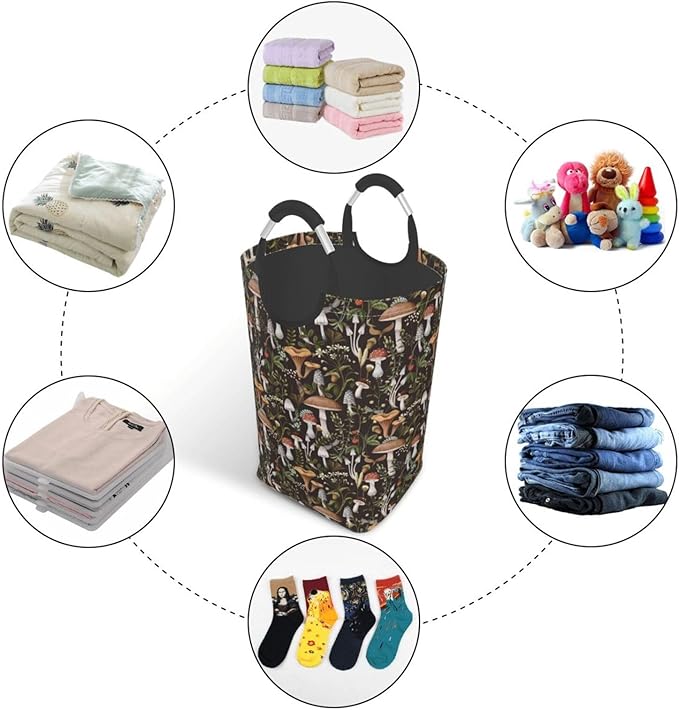 Mushrooms Berries Laundry Basket - Black Foldable Hamper With Handles, Collapsible Plants Design, 50L Storage Bin for Dorm and Family