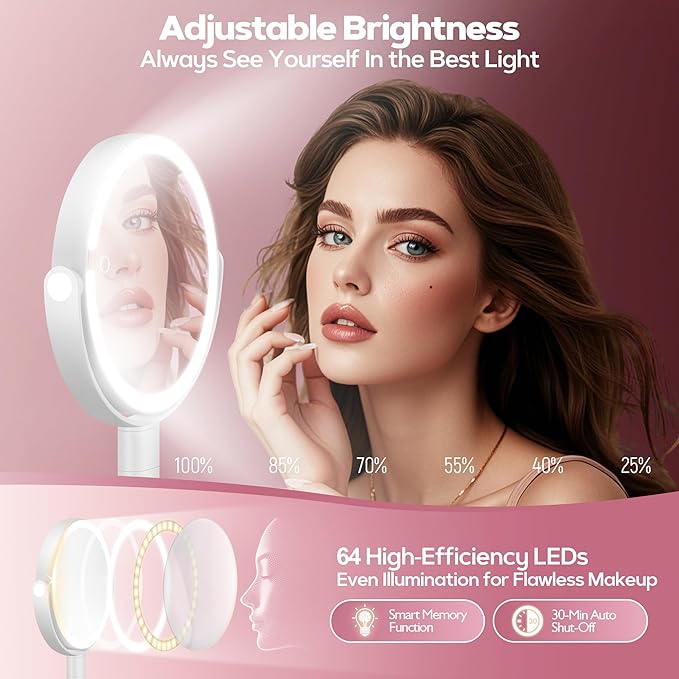 MOMOKUBA Makeup Mirror with Lights, 30X Magnifying & Height Adjustable, Lighted Magnifying Mirror with 3 Light Modes and Stepless Dimming, Vanity Mirrors for Bathroom, Birthday Gift for Women, White