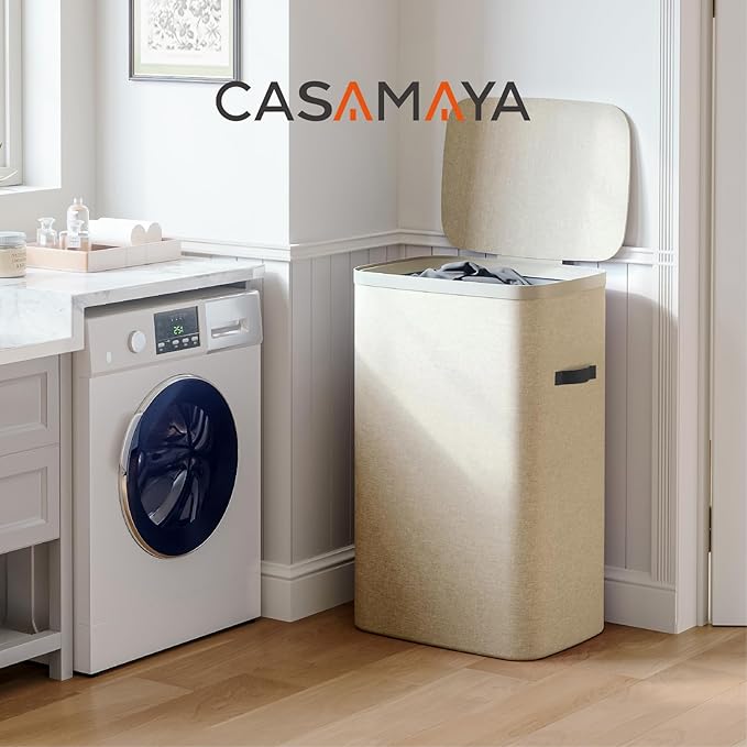 CASAMAYA Laundry Basket with Lid, Laundry Hamper 100L, collapsible Laundry Organizer, Easy Assembly, with Handles and Removable Liners, 16.5 x 12.6 x 29.5 Inches, Beige JSP902M