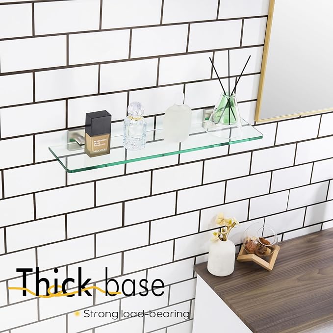 KOKOSIRI Floating Shelves Wall Mount 20-Inch Bathroom Tempered Glass Shelf for Kitchen Storage Shower Hanging Rack, Brushed Stainless Steel B1107BR-L20
