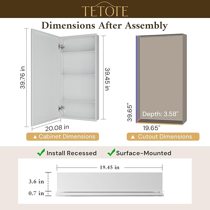 TETOTE 20 x 40 Bathroom Vanity Mirror Cabinet with Tempered Beveled MirrorWhiteMedicine Cabinet Aluminum Cabinet DTC Hinges, Stepless Adjustable Shelves, Recessed/Surface-Mounted