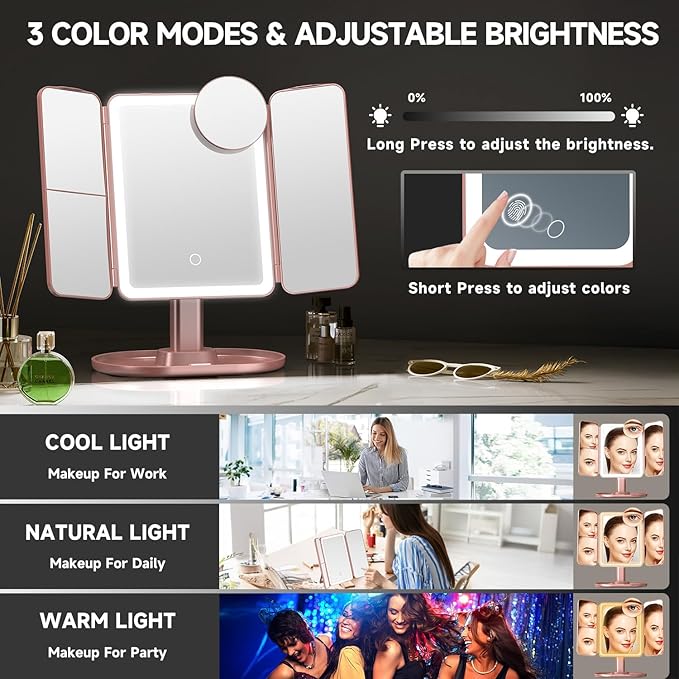 Mocado Makeup Mirror with Lights, 20X/7X/3X Magnifying Mirror with Light, Rechargeable & Height Adjustable Lighted Makeup Mirror, Vanity Mirror with 3 Colors Lights, Detachable Design(Rose Gold)