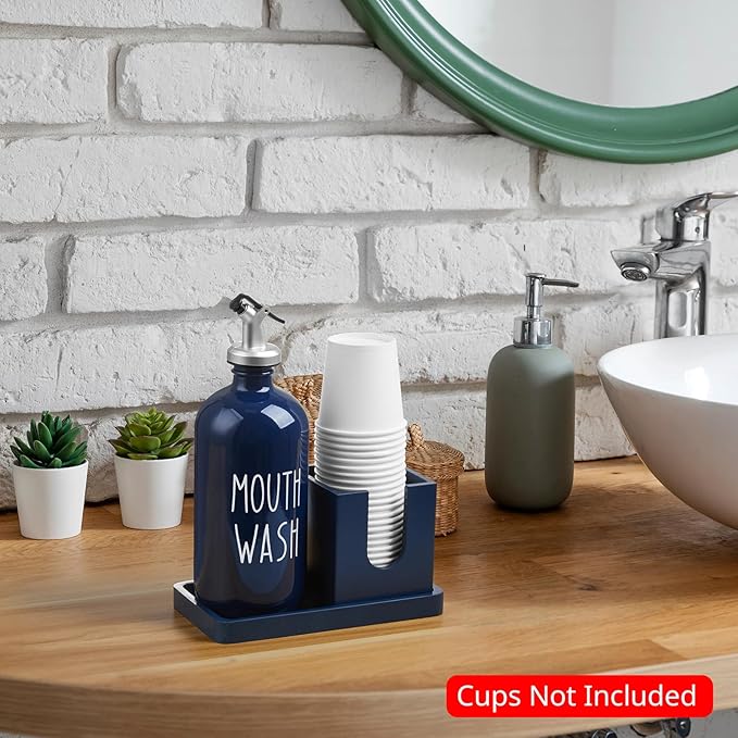 Glass Mouthwash Dispenser for Bathroom, 16 OZ Mouthwash Dispenser with Pour Spout and Wood Cup Holder and Tray, Mouth Wash Bottle Container, Farmhouse Kitchen Bathroom Decor and Accessories, Navy Blue