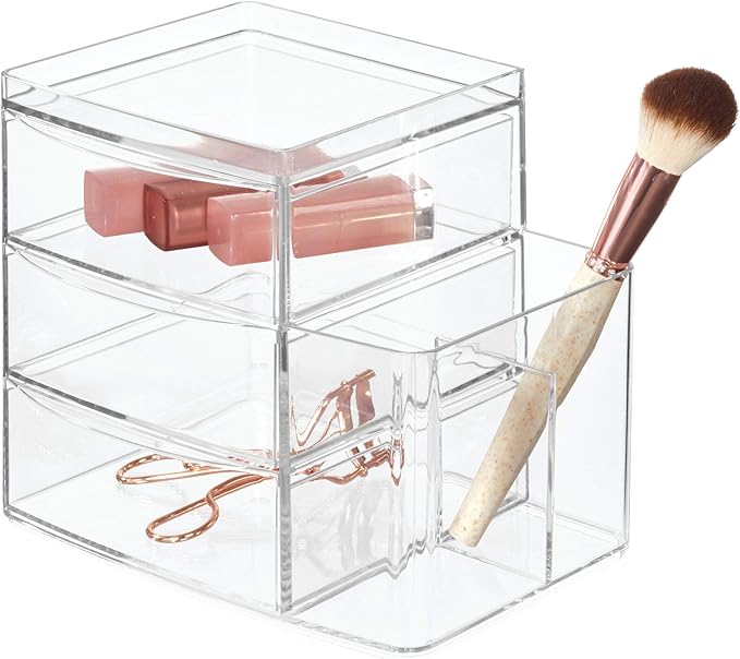 iDesign Clarity Cosmetic Organizer for Vanity Cabinet to Hold Makeup, Brushes, Beauty Products - 3 Drawers and Caddy, Clear