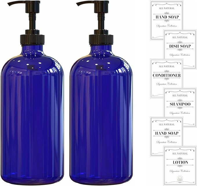 Sunrise Premium 16 OZ Cobalt Blue Glass Soap Dispenser with Pump 2 Pack, Hand and Dish Soap Dispenser Set for Bathroom and Kitchen Sink with 6 Waterproof Labels