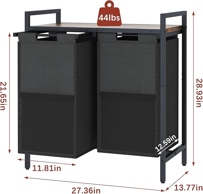 Huhote Laundry Hamper, double Laundry Basket, Laundry Sorter with Top Shelf & 2 Removable Washable Bags & Side Pockets for Laundry Room organization, Bathroom and Dorm, Rustic Brown and Black