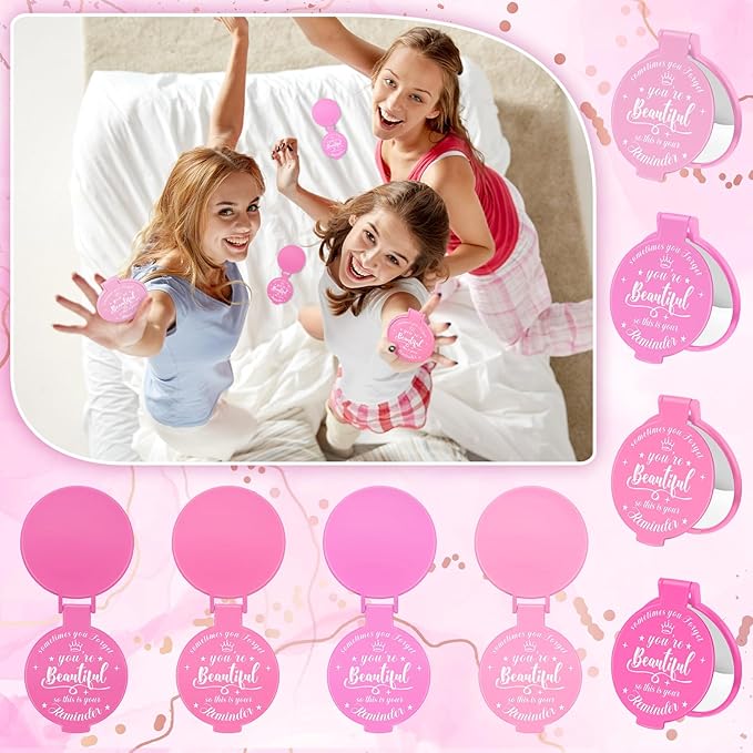 100 Pcs 2.76 Inch Inspirational Compact Mirror Bulk Women Small Gifts Graduation Party Favors Purse Mirror Pocket Mini Stuffer Items for Adult Coworker Cheerleader Employee (Pink Series)