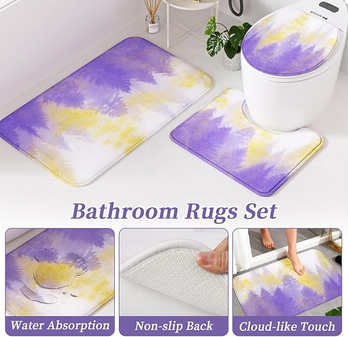 Purple and Gold Bathroom Accessories, Bathroom Sets with Shower Curtain and Rugs, Bath Rugs Accessory Set with Bathroom Trash Can, Soap Dispenser, Soap Dish for Home Decor