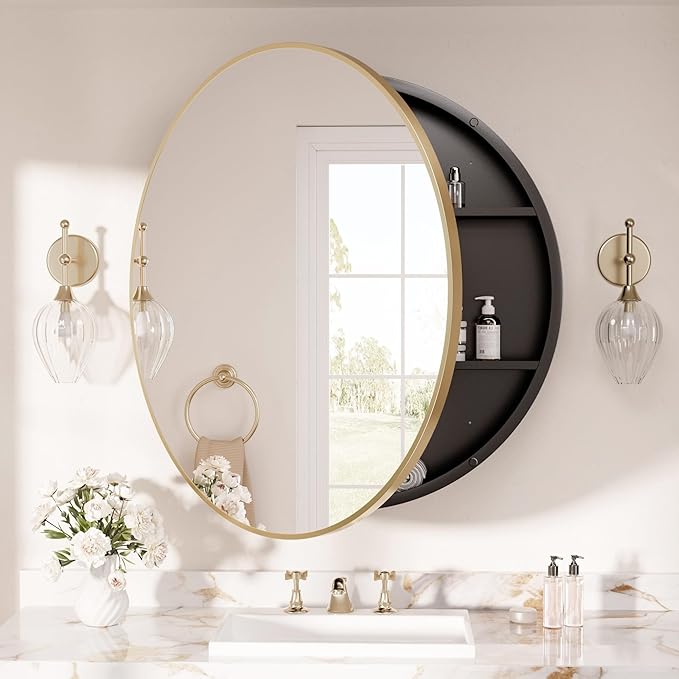 TETOTE Gold Round Bathroom Medicine Cabinet with Mirror 30 x 30, Adjustable Shelves, Farmhouse Wall Storage, Surface Mounted