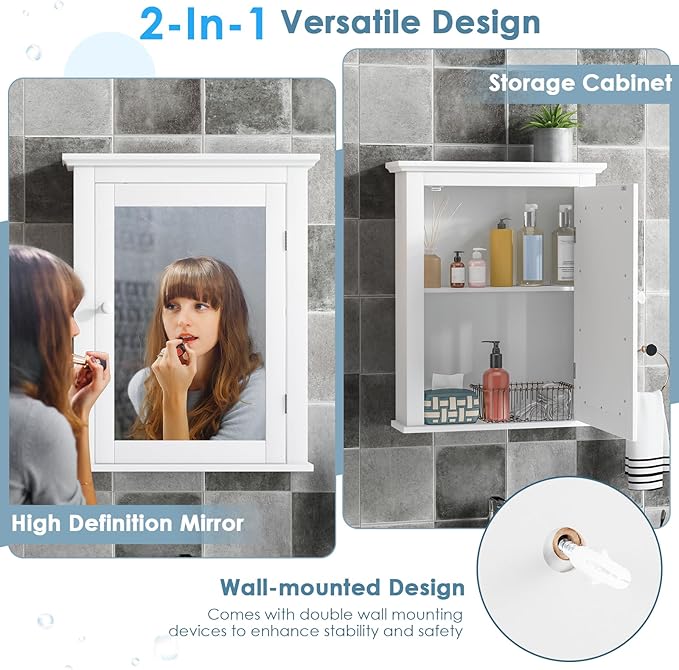 COSTWAY Bathroom Medicine Cabinet with Mirror, Wall-Mounted Storage Cabinet Organizer with 5-Position Adjustable Shelf, Hanging Bathroom Wall Cabinet for Living Room Bedroom Entryway (White)