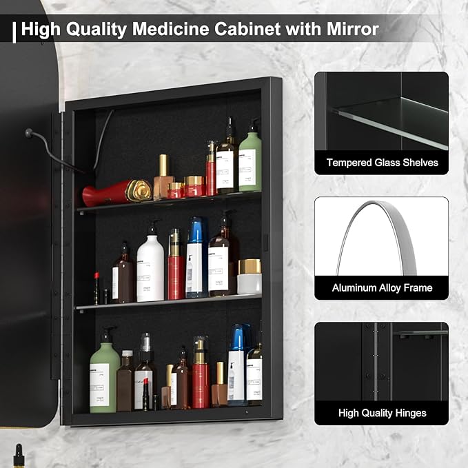 20x31 Inch Arched LED Medicine Cabinet with Mirror - Oil Rubbed Nickel Metal Frame, Lighted Arched Bathroom Mirror Cabinet, Mirror Cabinet with Storage for Bathroom,Dimmable,Defogger
