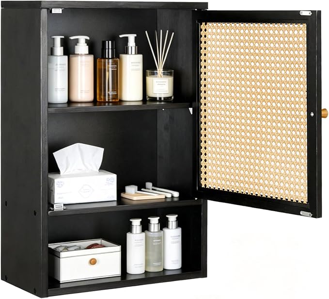 Bathroom Wall Cabinet, Bamboo Medicine Cabinet with Rattan Doors, Adjustable Shelf, Wall Mounted Storage Cabinet for Bathroom, Kitchen, Laundry Room Black