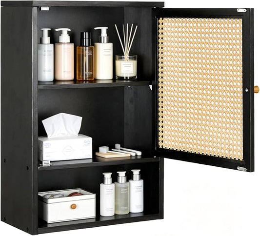 Bathroom Wall Cabinet, Bamboo Medicine Cabinet with Rattan Doors, Adjustable Shelf, Wall Mounted Storage Cabinet for Bathroom, Kitchen, Laundry Room Black