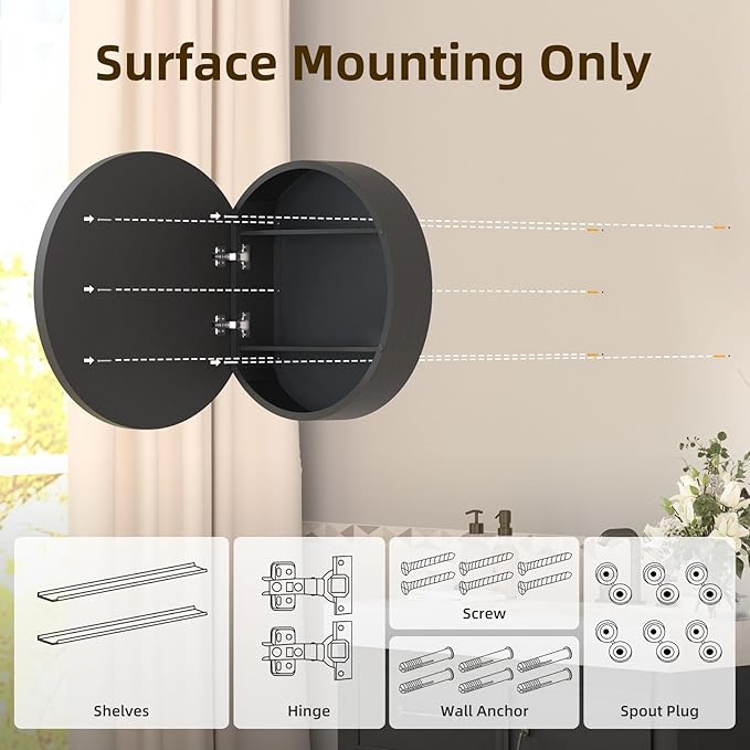 20 x 20 Inch Round Medicine Cabinet Mirror Black,Circular Bathroom Mirror with Storage Wall Mounted,Metal Framed Medicine Cabinets with Tempered Glass Adjustable Shelves for Bathroom Vanity