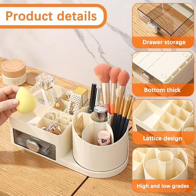 Dressing Table Organiser 360° Makeup Organiser Rotatable 2-in-1 Brush Holder Cosmetic Storage for Room Decor, Dressing Table, Bathroom and Bedroom (22.5 x 12 x 11 cm)
