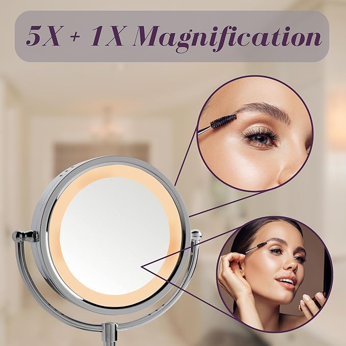 JERDON LED Lighted Makeup Mirror - 5X Magnifying Tabletop Vanity Mirror for Makeup, Skincare, & Grooming - 8.5" Chrome Finish, 360° Swivel, Built-in Outlet - Model HL745CO