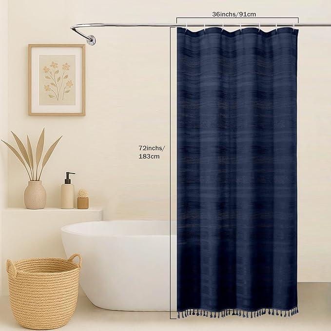 OVZME Navy Blue Boho Stall Shower Curtain, Narrow Soft Fabric Striped Linen Textured Bathroom Shower Curtain with Tassel, Modern Farmhouse Machine Washable, Bath Decor, 36Wx72L Inches