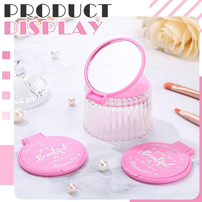 18 Pcs 2.76 Inch Inspirational Compact Mirror Bulk Women Small Gifts Graduation Party Favors Purse Mirror Pocket Mini Stuffer Items for Adult Coworker Cheerleader Employee (Pink)