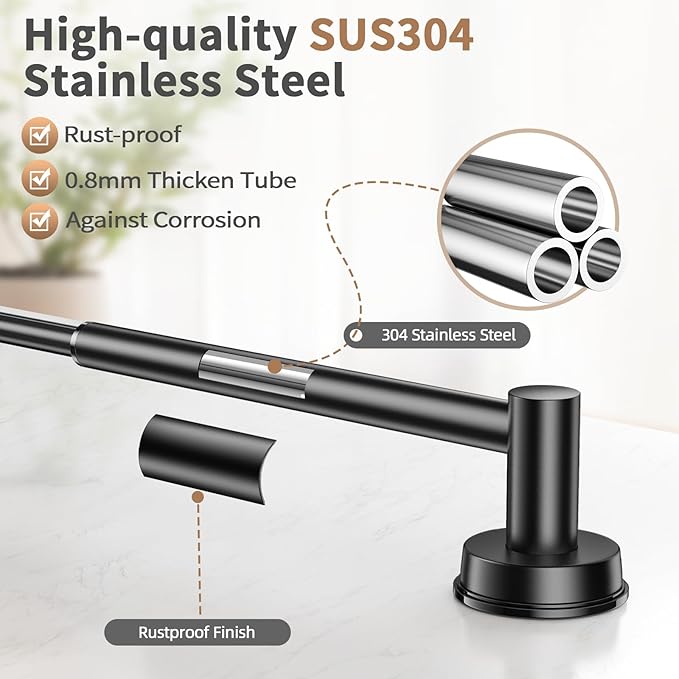 Adjustable Suction Cup Towel Bar for Bathroom Wall,14.6Inch~24 Inch Towel Racks for Bathroom, SUS304 Stainless Steel Bathroom Towel Holder,Bathroom Accessories Brushed Nickel Towel Rack (2pcs Black)