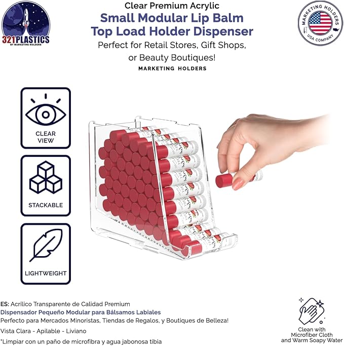 Marketing Holders 2 Pack Clear Acrylic Lip Balm Dispenser Stackable and Small Home Freestanding Countertop Display for Lipsticks Glosses Chapsticks or Essential Oils in Stores and Boutiques