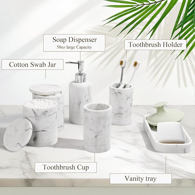 LIN CHUAN 6-Piece Bathroom Accessories Set, Organizer Set with Soap Dispenser, Toothbrush Holder Set, Vanity Tray, Tumbler & 2 Cotton Swab Jars – Modern Stylish Bathroom Storage(Marble White)
