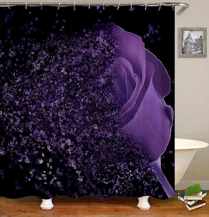 Yddsky 4 Pcs Purple Rose Shower Curtain Sets with Rugs Black Bathroom Sets with Shower Curtain and Rugs Modern Bathroom Curtains Shower Set with Toilet Lid Cover for Women Bathroom Decor Accessories