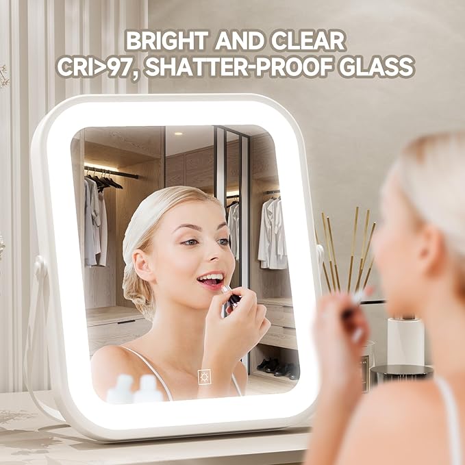 PRIMETEK Travel Makeup Mirror with Lights, Portable Small Beauty LED Vanity Mirror with Lights, Dimmable Touch Screen, Tabletop Folding Compact Mirror,Women Gift