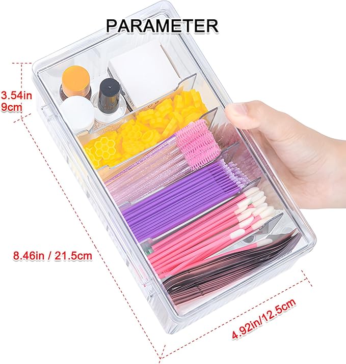 Lash Extension Organizer Box, Acrylic Eyelash Extension Supplies Storage Container Lash Cart Organizer for Lash Techs Eyelash Beauty Case with Lid Lashes Supplies Storage Box (Clear)